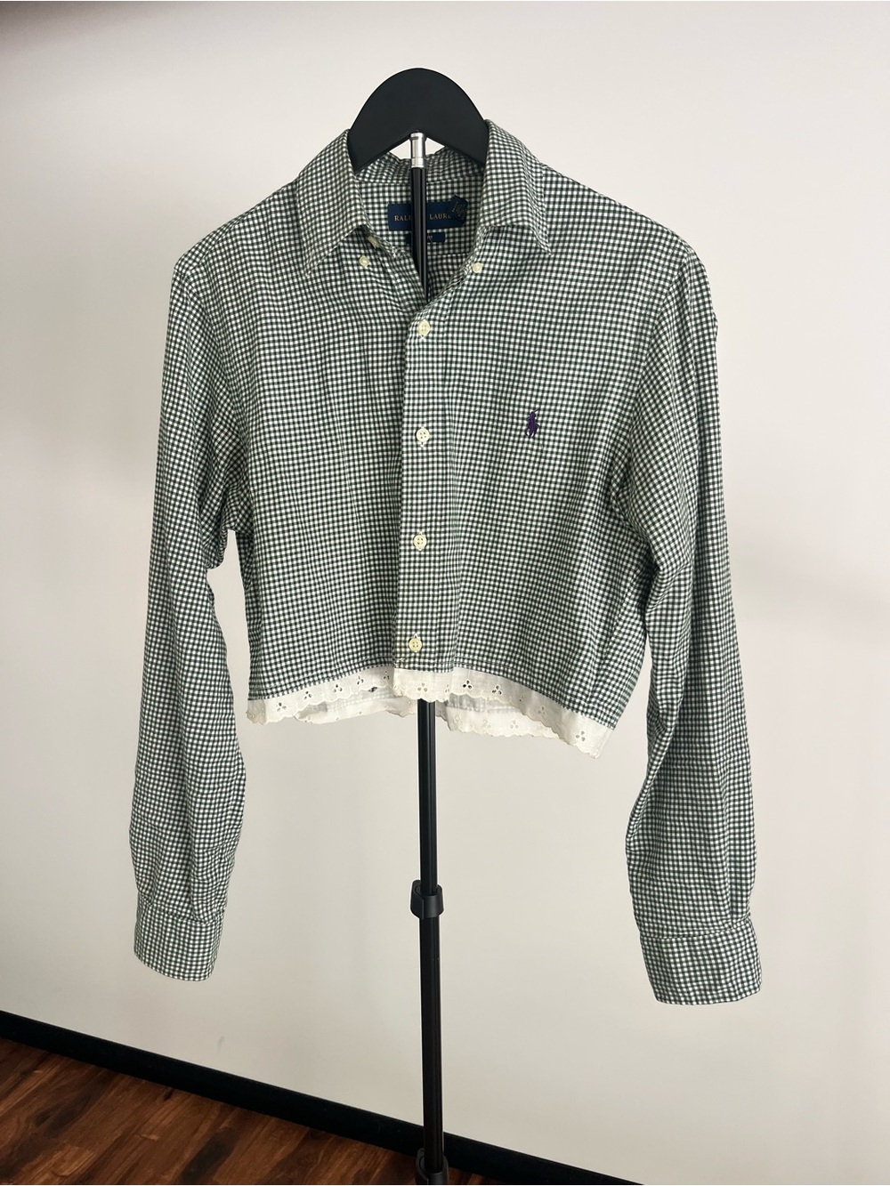 Ralph Lauren Green and White Gingham Cropped Button-Up